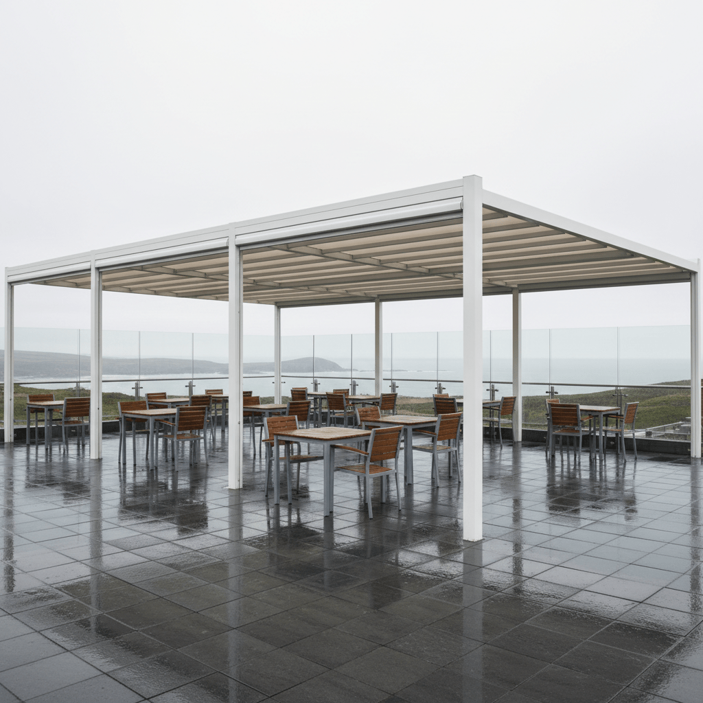 A commercial outdoor dining terrace of an Irish coastal hotel, protected by a series of linked, retractable pergola systems with translucent waterproof fabric roofs tensioned across slim white aluminium frames. Clear glass windbreak panels line the perimeter, revealing hints of a soft-focus seascape and rugged coastline beyond. The slate-grey tiled floor appears subtly wet, reflecting a gentle silvery sheen from the damp overcast daylight typical of a coastal morning. Captured from a wide, slightly elevated angle, the image shows ordered rows of empty tables and neatly aligned chairs beneath the structures, all unoccupied. The mood is professional, weather-resilient and dependable, with photographic realism emphasizing the practicality and comfort of commercial outdoor solutions in variable Irish weather.