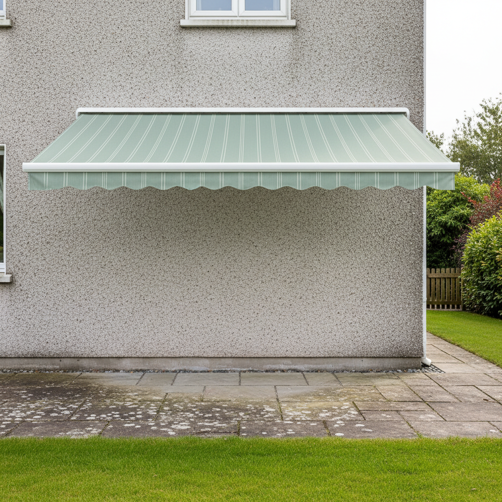 A minimalist, wall-mounted cassette awning on the rear elevation of a traditional Irish semi-detached house, its compact housing in crisp white aluminium contrasting against a textured pebble-dash wall. The awning extends a pale mineral-green acrylic fabric with subtle horizontal striping over a small, rectangular patio of weathered sandstone slabs, their surfaces lightly mottled with lichen. A mature lawn stretches away, bordered by a timber fence and dense shrub planting rendered softly out of focus. Bright but diffused late-morning light creates soft, even illumination, with a faint shadow line marking the awning’s projection on the patio. Shot straight-on at eye level with a balanced, symmetrical composition, the mood is practical and reassuring, presenting an everyday, realistic shading solution for typical Irish homes in a clean, professional photographic style.