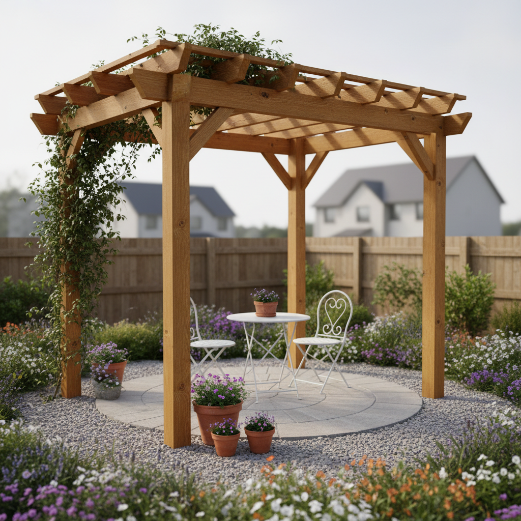 A compact suburban Irish garden transformed with a freestanding wooden pergola made from chunky, pressure-treated timber in a honeyed light-brown tone, the posts showing natural grain, knots and faint saw marks. Climbing evergreen foliage winds up one corner post and across a partially covered slatted roof, casting irregular dappled shadows onto a gravel seating area below. A small, round bistro table and two metal chairs sit centrally on a circular paved area edged with low flowering perennials and terracotta pots. Soft, bright but slightly hazy midday light illuminates the scene, enhancing the organic textures of wood, stone and planting. Framed at eye level with a gentle background blur on distant fences, the mood is homely, achievable and inspiring, in clean photographic realism ideal for garden design ideas.