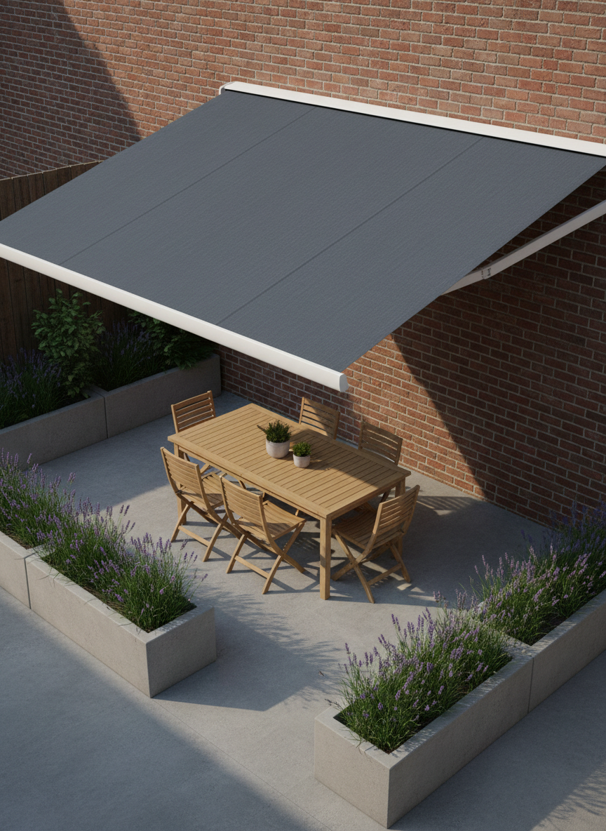 A retractable fabric awning in deep slate grey, fully extended over a compact urban courtyard, its taut, weather-resistant canvas showing fine woven texture and sturdy white aluminium arms. Beneath, a rectangular outdoor dining table made of light teak slats sits on smooth concrete paving bordered by raised planters filled with lush green grasses and lavender. Soft late-afternoon natural light filters in from the open side, creating gentle diagonal shadows from the awning arms on the ground. Captured from a slightly elevated corner angle with moderate depth of field, the composition leads the eye under the awning toward a brick boundary wall. The mood is sheltered, practical and welcoming, rendered in clean, photographic realism that highlights domestic outdoor shading solutions.