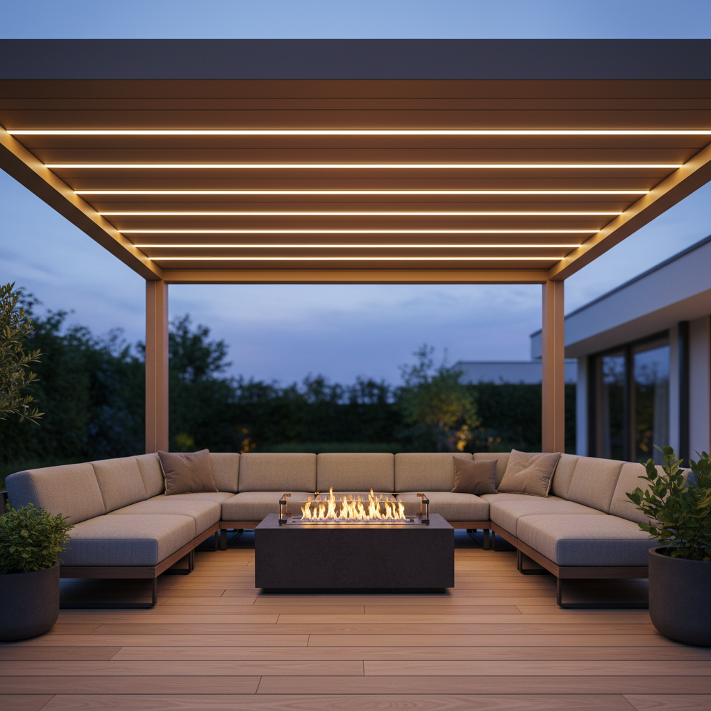 A stylish outdoor living space featuring a bioclimatic pergola with integrated LED strip lighting recessed into the beams, the aluminium structure finished in warm taupe with a smooth matte surface. Underneath, a low-profile modular corner sofa with weatherproof stone-grey cushions sits on a composite deck board floor in soft oak tones, with a rectangular fire table at the centre holding dancing gas flames behind tempered glass. Dusk light blends with the warm LED glow, creating a cosy ambiance while the sky remains a cool blue. Shot at eye level with a slightly wide lens, the composition balances pergola ceiling details and the furnished area below. The mood is luxurious yet relaxed, with photographic realism and a polished, editorial style suitable for showcasing high-end residential outdoor living.