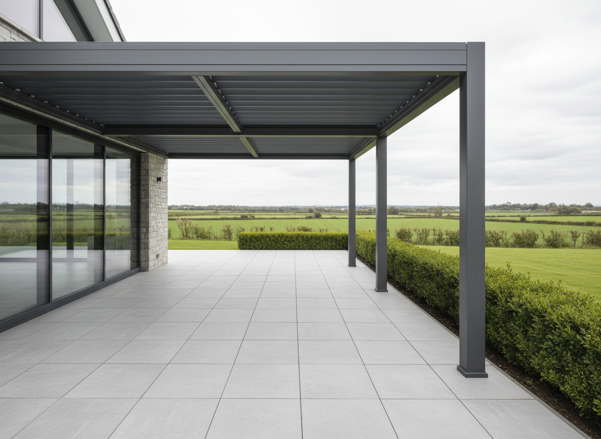 A sleek, modern aluminium pergola with a louvered roof partially open, revealing clean, powder-coated charcoal grey beams with sharp edges and subtle brushed texture. It stands on a porcelain-tiled patio adjoining a contemporary Irish home, with neatly clipped evergreen hedging and a distant view of rolling green fields. Soft overcast daylight typical of an Irish afternoon creates gentle, diffused highlights on the metal and tiles, with minimal harsh shadows. Photographed at eye level with a wide-angle lens, the composition uses the rule of thirds to frame the pergola as the clear focal point. The mood is calm, premium and aspirational, with photographic realism and a clean, professional aesthetic suitable for a homepage hero image.