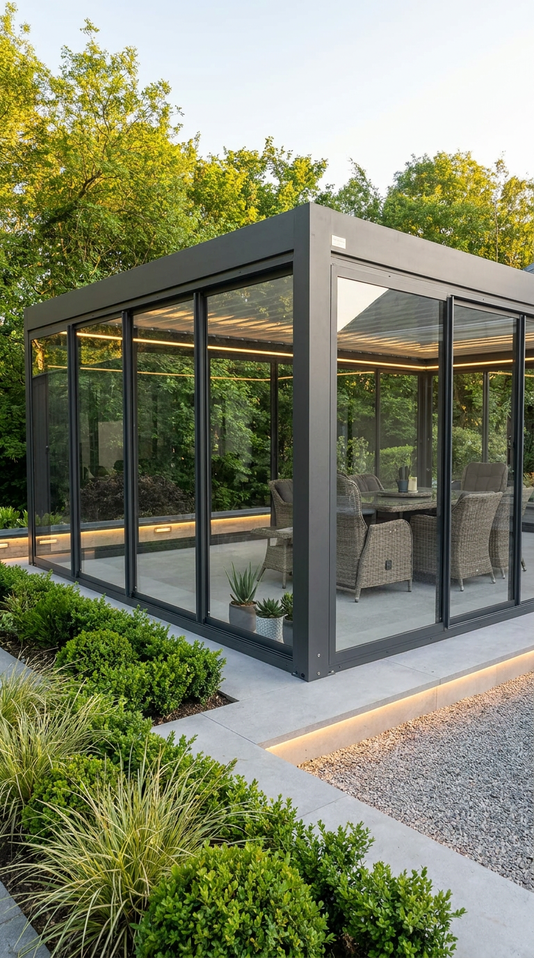 Bioclimatic pergola with glass surrounding, outdoor room , weather proof pergola in Ireland