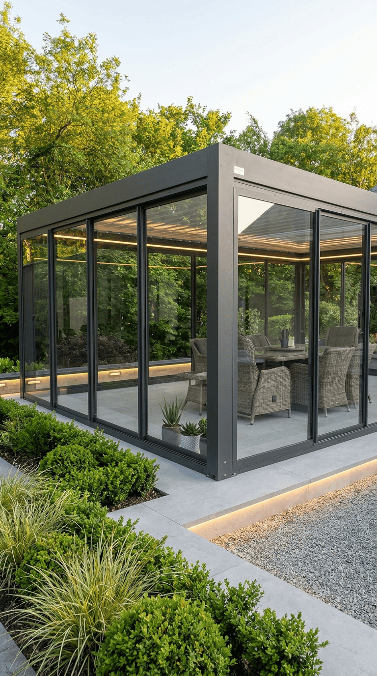 Bioclimatic louvred pergola with glass walls and lighting in Longford