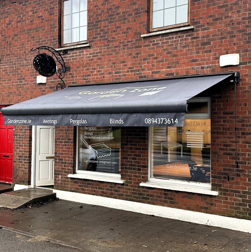 Branded commercial awning over a shopfront in Ireland