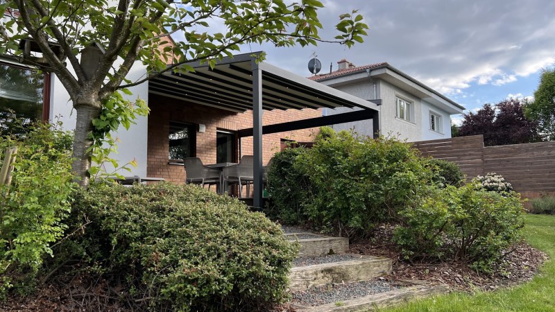 Retractable smart pergola installed in a garden in Galway